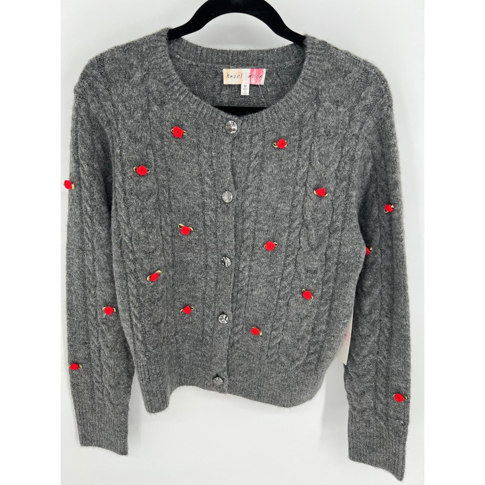 HAZEL MOON Cardigan Women M Gray Cable Knit Red Floral Applique NWT